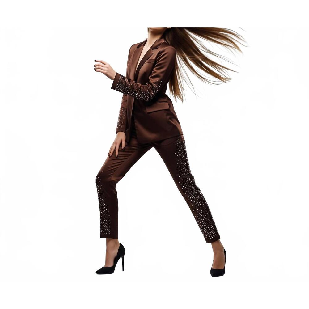 NEW ROSSARIO GEORGE honey chocolate & rhinestone blazer and pant suit in brown
